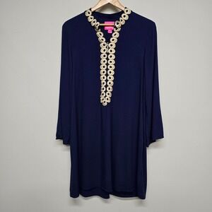 Lilly Pulitzer Gracelynn Dress Women 12 Navy Rayon Gold Embroidery Preppy Shift